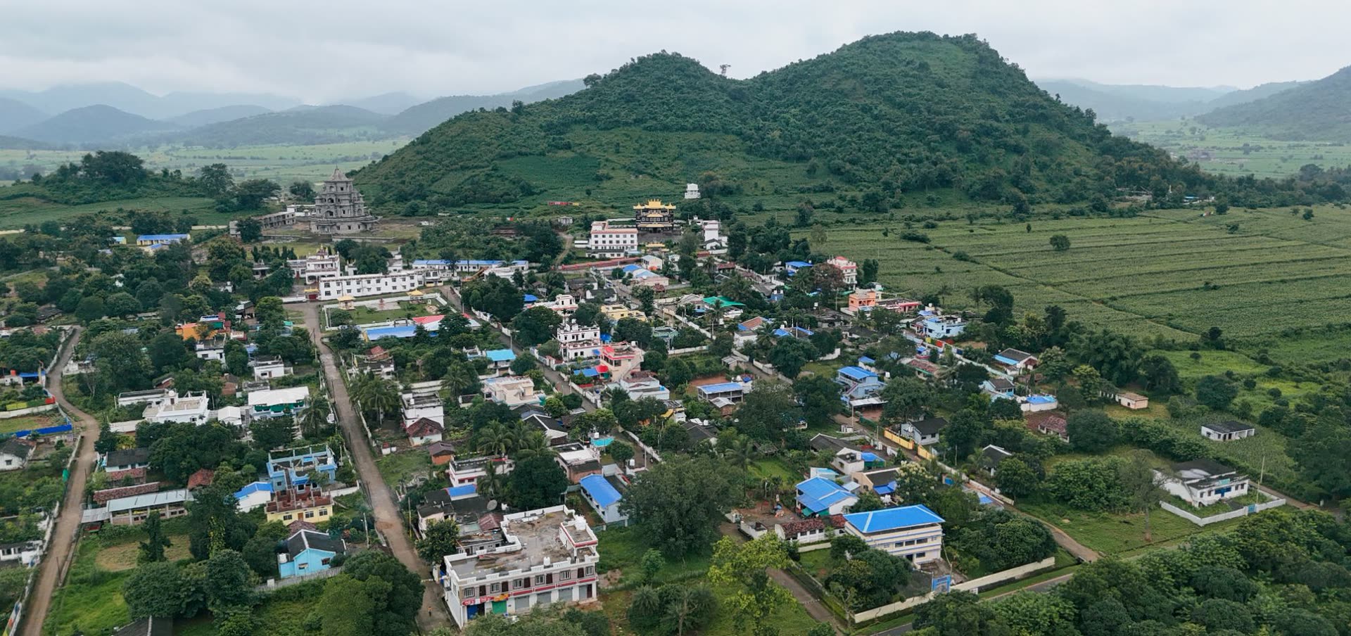 Aerial view of the Chandragiri Tibetan Settlement and its hills