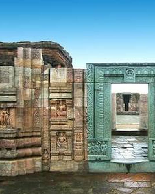 Carved stone doorway among the monastery ruins at Ratnagiri